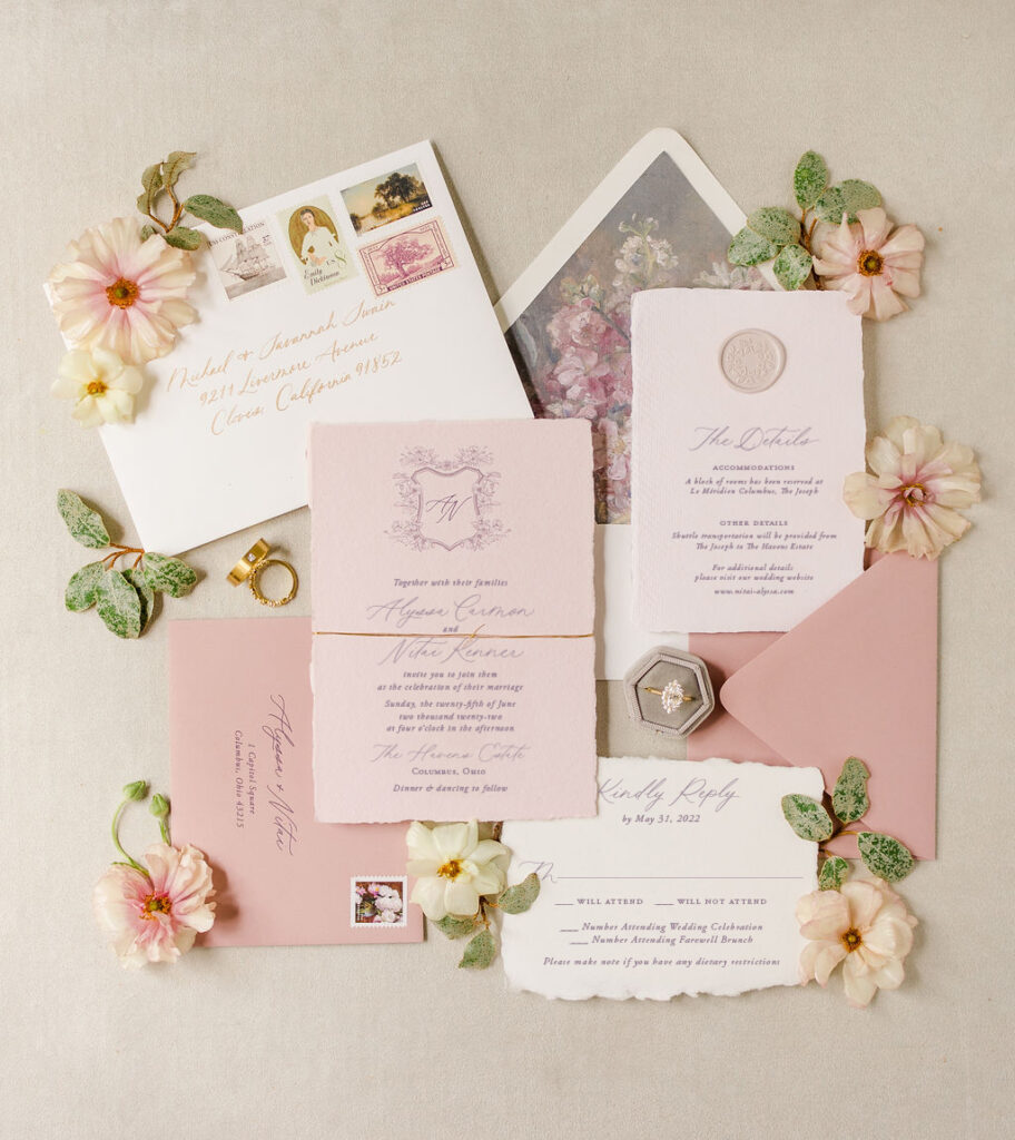 pink and neutral vintage wedding invitation postage