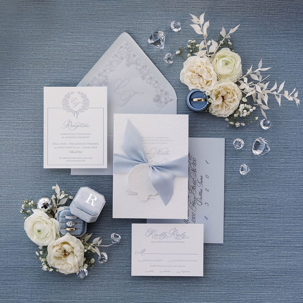 French blue and winter white wedding invitations with letterpress and foil